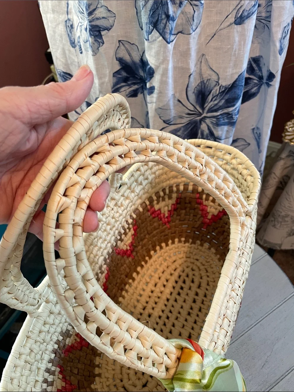 Woven Straw Tote Bag with Pink Accent and scarf